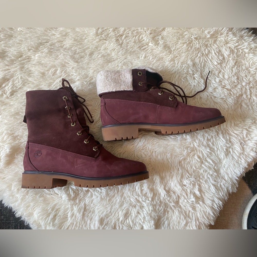 Timberland EUC Jayne 6inch Teddy Fold Down Boots Leather Waterproof Fleece sz 9